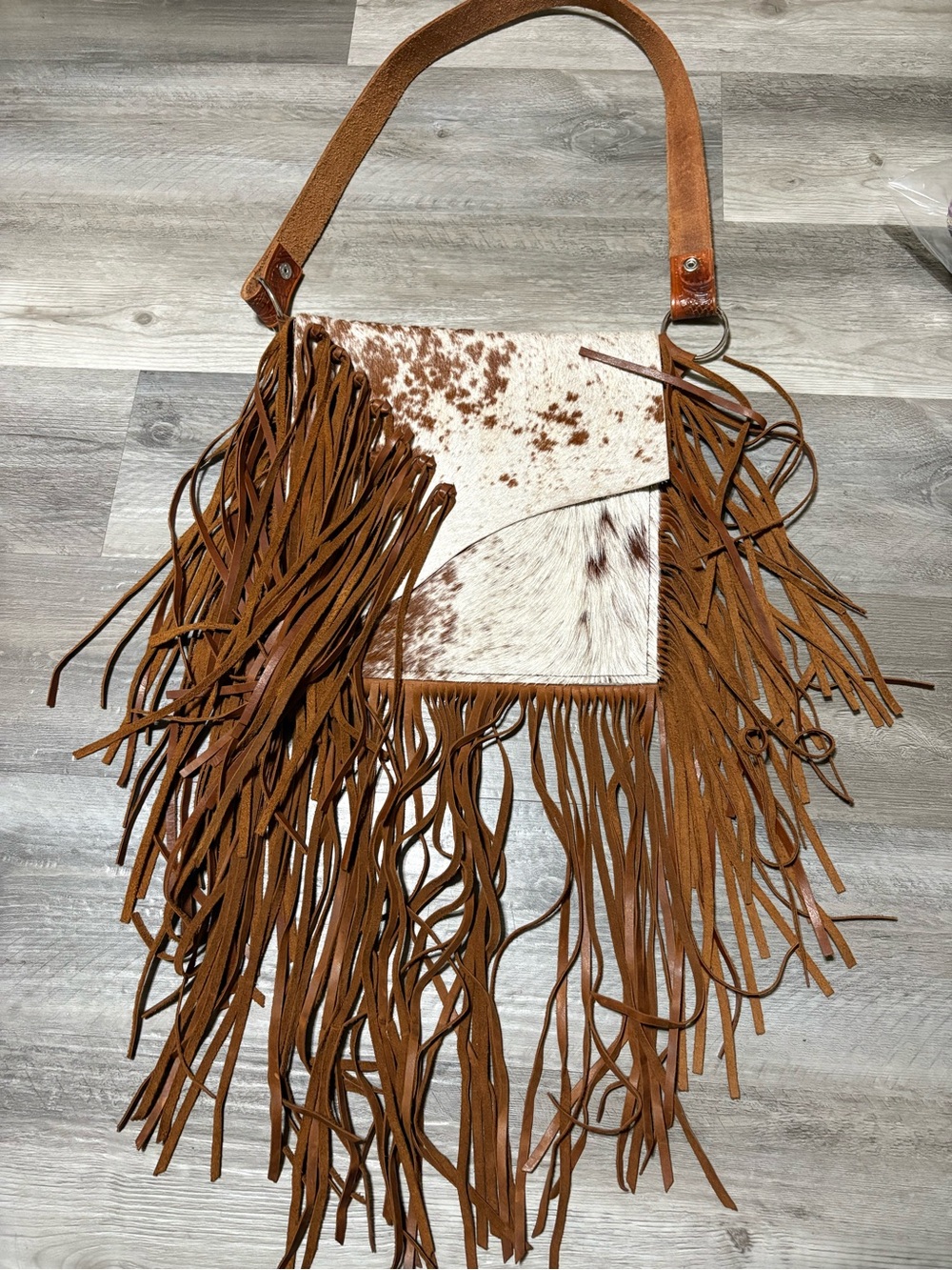 Cowhide Fringe Shoulder Bag in Brown and White